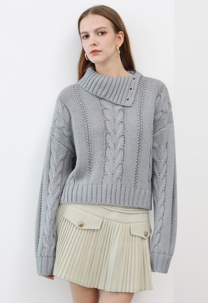 Side Button Cowl Neck Cable Knit Sweater in Baby Blue