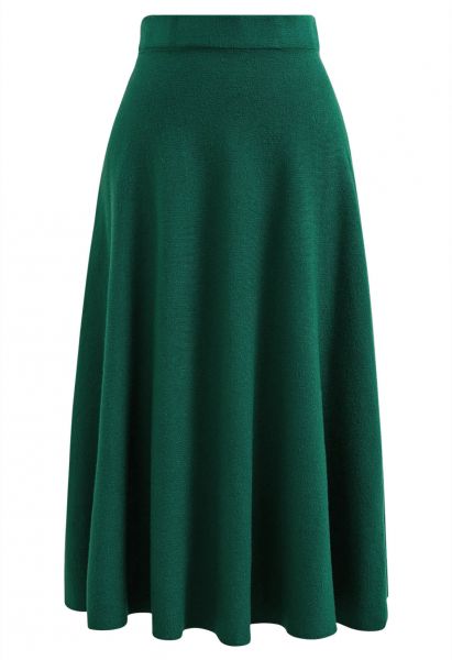 Solid Color A-Line Knit Midi Skirt in Dark Green