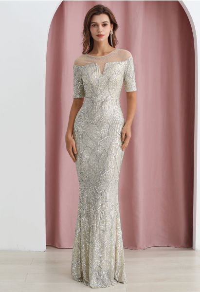Mesh Panelled Shoulder Sequin Mermaid Gown in Silver