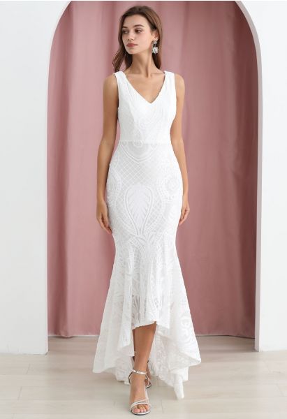 V-Neck Sequined Sleeveless Mermaid Gown in White