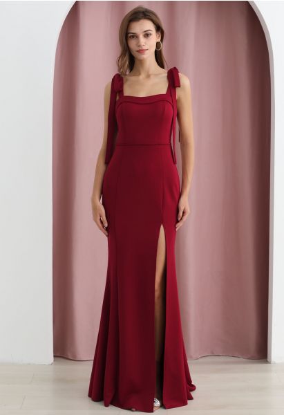Tie-Shoulder High Slit Maxi Gown in Red