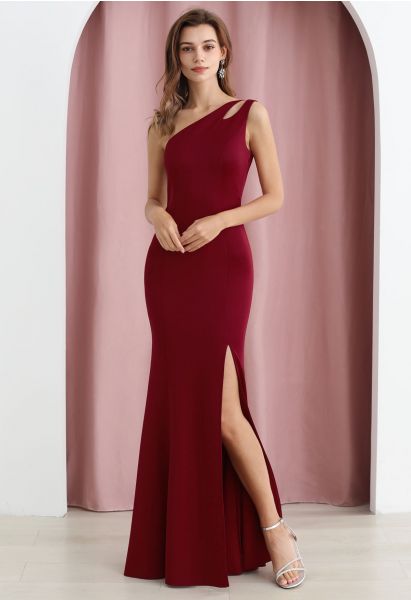 One-Shoulder Dual Strap Mermaid Gown in Burgundy