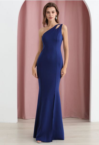 One-Shoulder Dual Strap Mermaid Gown in Navy