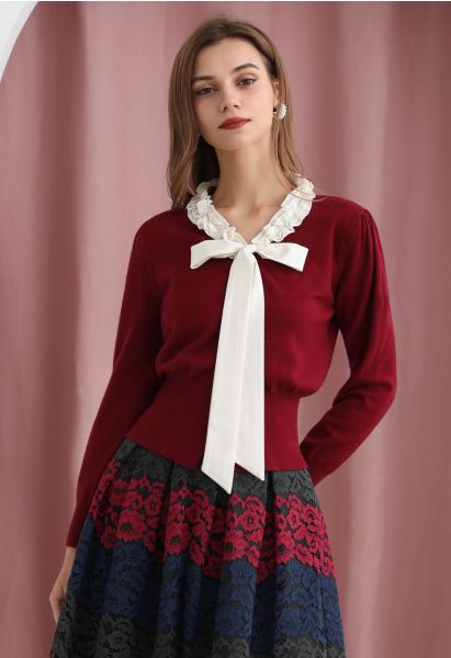 Ruffle Tie-Bow Wool-Blend Buttoned Top in Burgundy