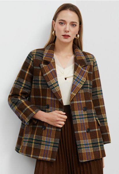 Brown Plaid Double-Breasted Blazer