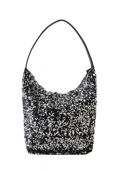 Faux Leather Full Sequin Bucket Bag in Silver