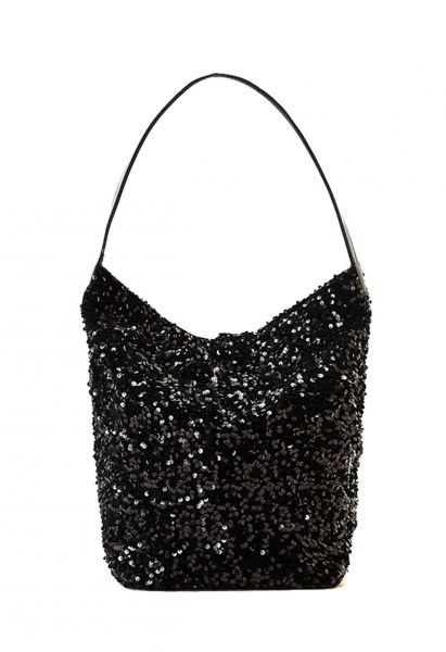 Faux Leather Full Sequin Bucket Bag in Black