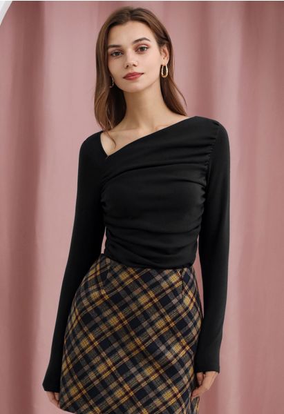 Asymmetric Neck Ruched Long Sleeve Top in Black