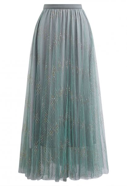 Glitter Thread Embroidery Mesh Tulle Maxi Skirt in Teal