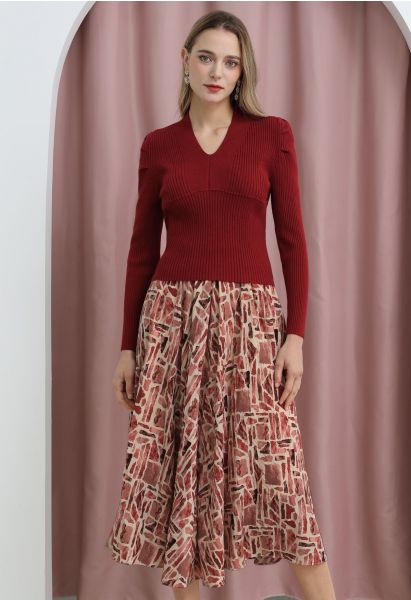 Graphic Printed Midi Skirt in Red