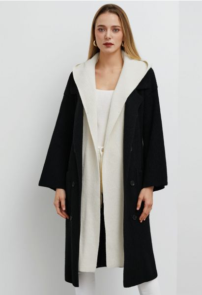 Contrast Fake Two-Piece Hooded Longline Coat in Black