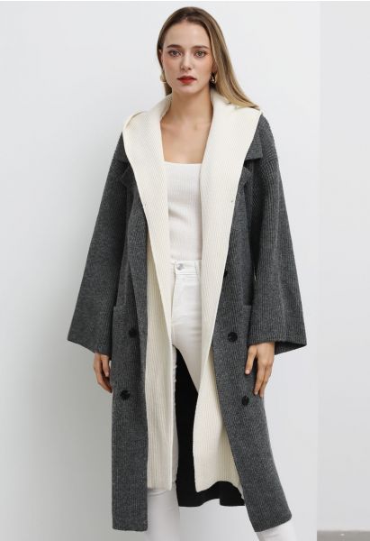Contrast Fake Two-Piece Hooded Longline Coat in Grey