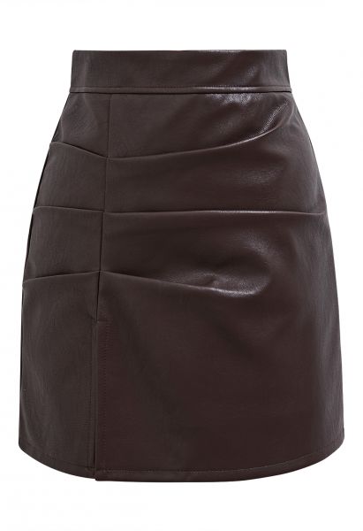 Faux Leather Pleat Detail Mini Skirt in Brown