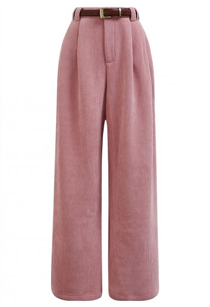 Fleece-Lined Corduroy Belted Straight-Leg Pants in Pink