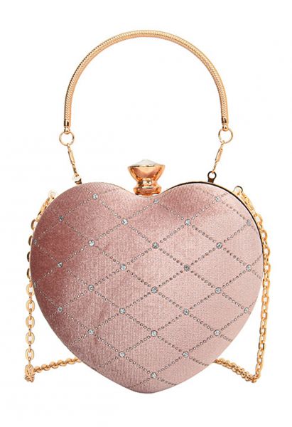 High-End Diamond-Shape Velvet Heart Clutch in Pink
