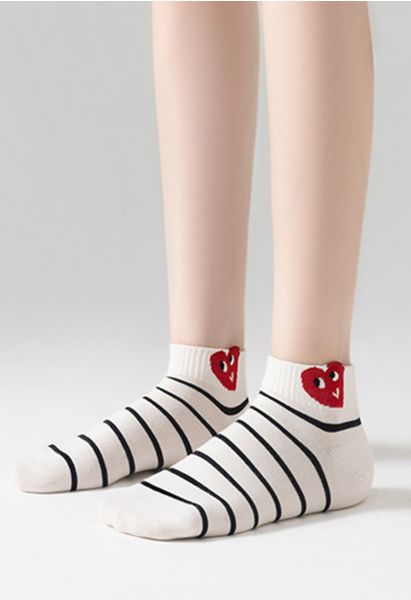 Striped Red Heart Cotton Ankle Socks