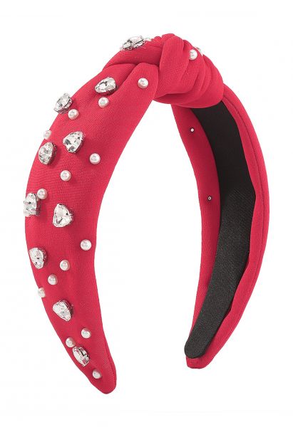 Rhinestone Pearl Knotted Headband in Red