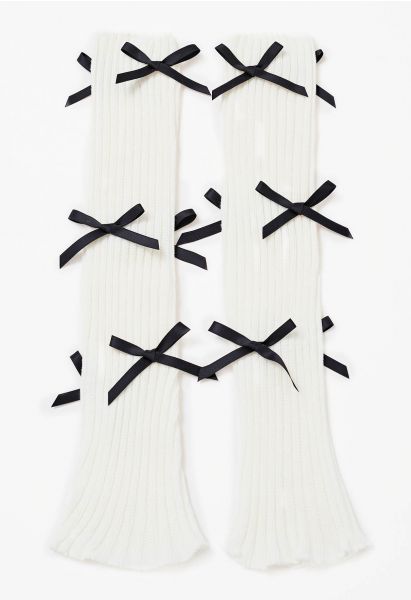 Bowknot Decor Knit Leg Warmers in White