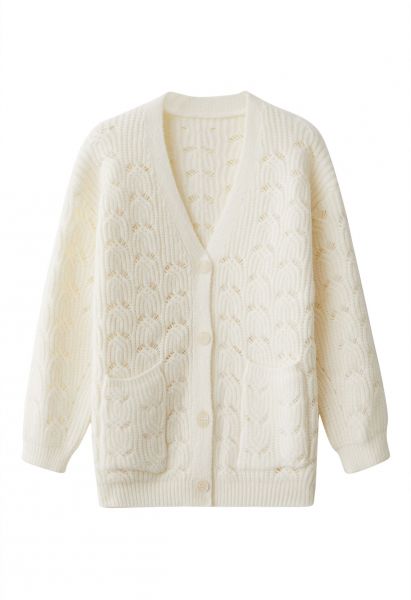 Button Front Pointelle Knit Cardigan in Cream