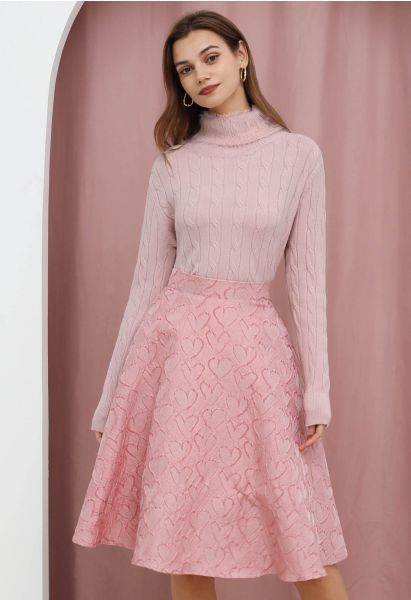 Pastel Heart Texture Flare Skirt in Pink