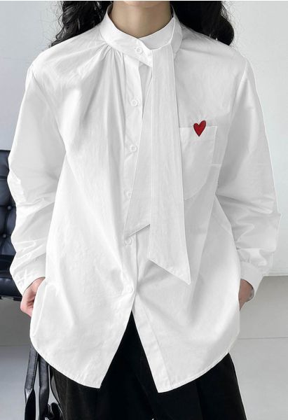 Embroidered Heart Patch Pocket Tie-Neck Shirt