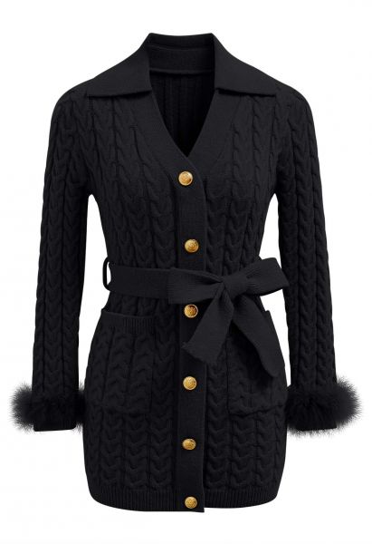 Feather Cuffs Belted Cable Knit Mini Dress in Black