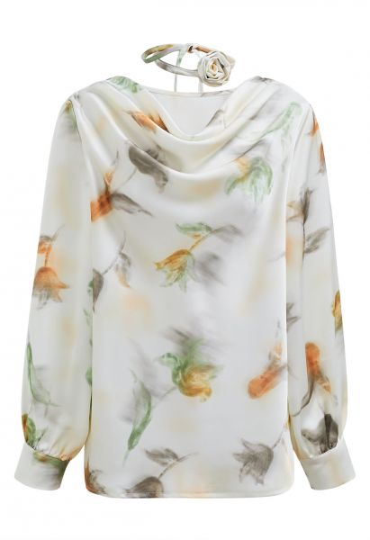 Watercolor Floral Print Satin Top with Choker in Pistachio
