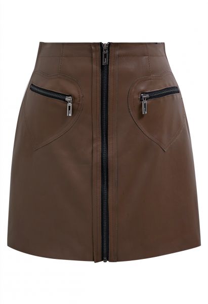 Zipper Faux Leather Mini Skirt in Brown