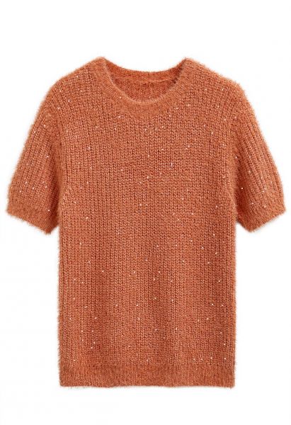 Sequin Fuzzy Short Sleeve Sweater in Orange