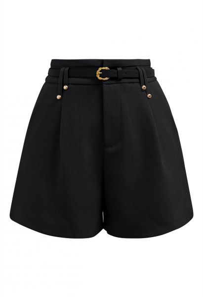 Solid Color Belted Shorts in Black