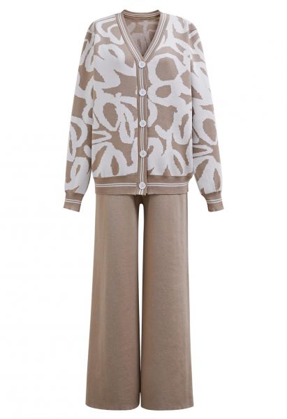 Abstract Print Buttoned Knit Cardigan and Pants Set in Camel