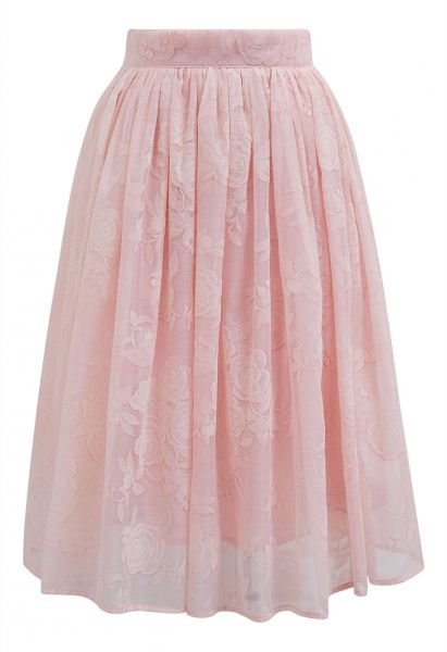 Velvet Rose Texture Organza Midi Skirt in Pink
