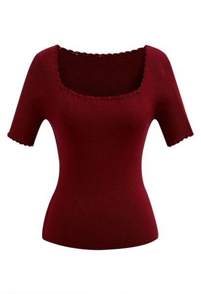 Scalloped Edge Square Neck Short Sleeve Knit Top in Burgundy