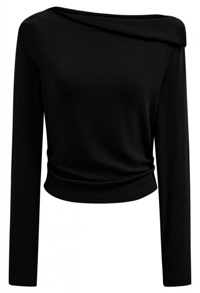 Solid Folded Neck Cotton Top in Black