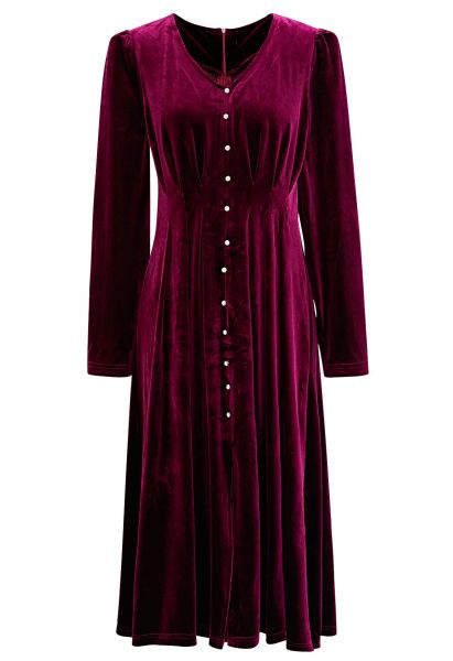 Rhinestone Embellished Velvet Midi Dress in Burgundy