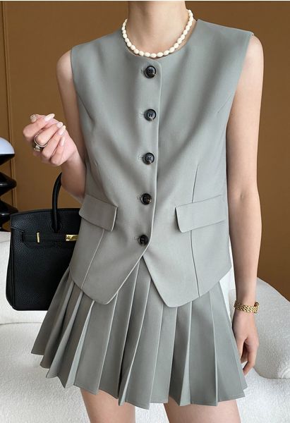 Button Front Vest Blazer and Pleated Mini Skirt Set in Grey