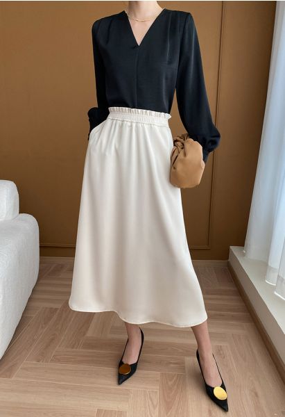 Satin High Waist Midi Skirt in Ivory