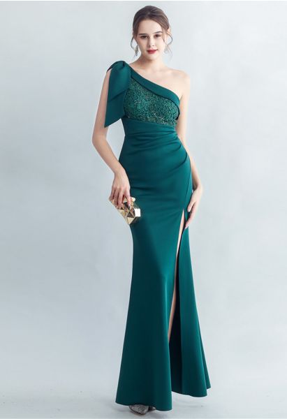 Bowknot One-Shoulder Embroidered Split Gown in Emerald