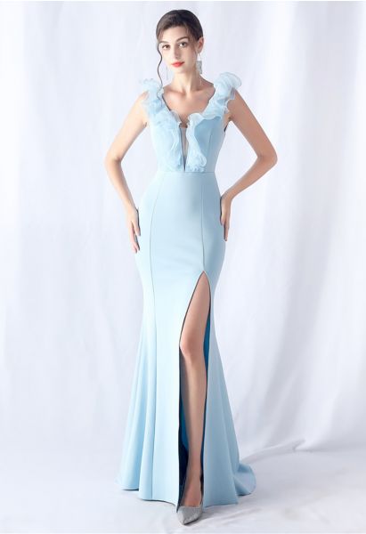 Organza Ruffle Trim Satin Slit Mermaid Gown in Baby Blue