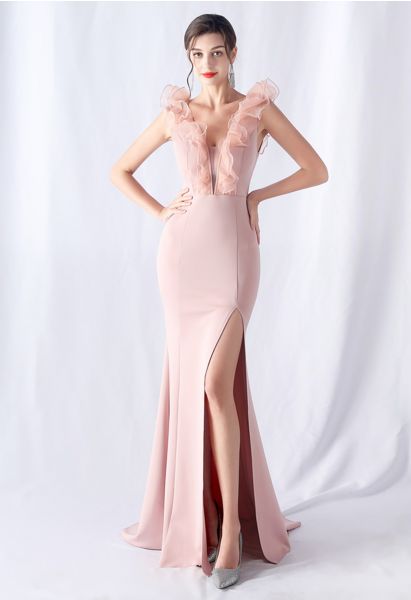 Organza Ruffle Trim Satin Slit Mermaid Gown in Pink