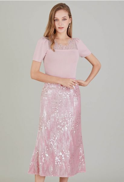 Sweet Pink Sequin Velvet Mermaid Skirt