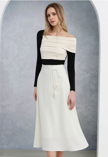 Glam Tie-Waist Midi Skirt in Ivory