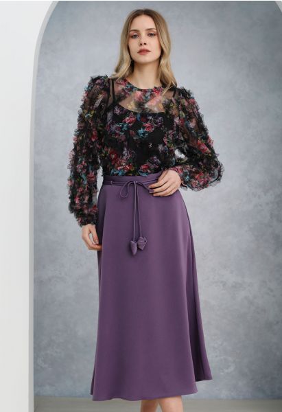 Glam Tie-Waist Midi Skirt in Purple