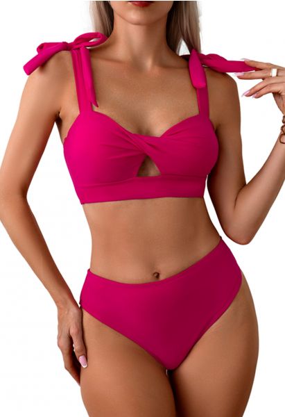 Tie-Shoulder Twist Cutout Bikini Set in Hot Pink