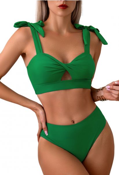 Tie-Shoulder Twist Cutout Bikini Set in Green