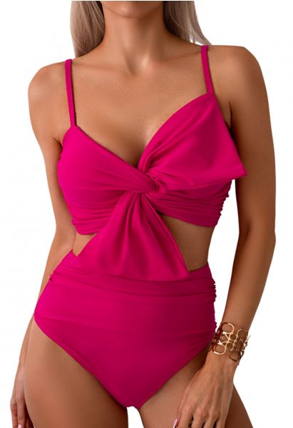 Front Knot Ruched Bikini Set in Hot Pink