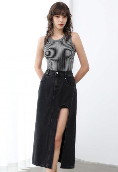 Weekend Vibes High Split Denim Skirt in Black