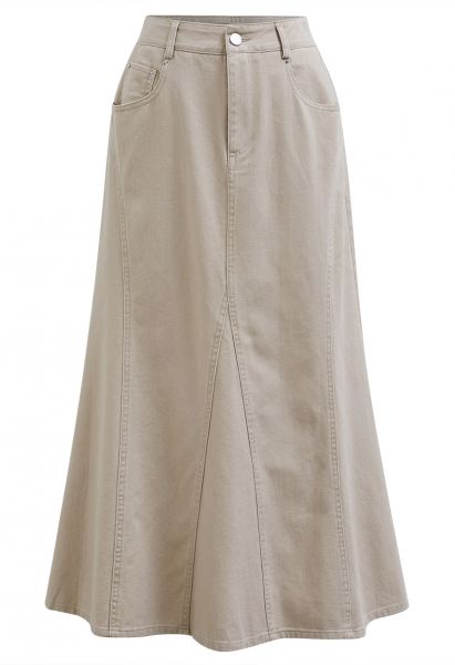 Seam Detailing Side Pockets Denim Skirt in Light Khaki