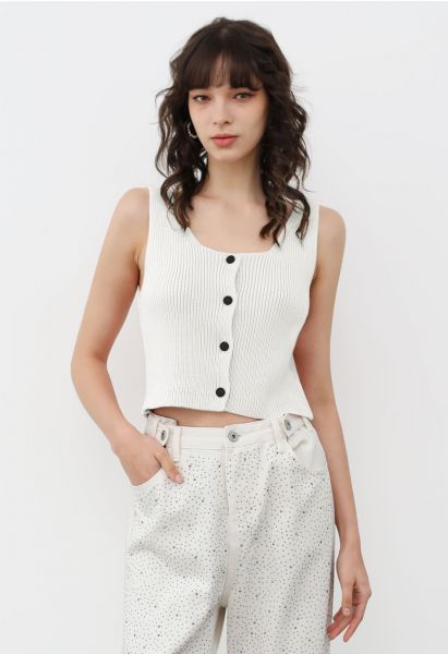 Button Down Sleeveless Knit Crop Top in White