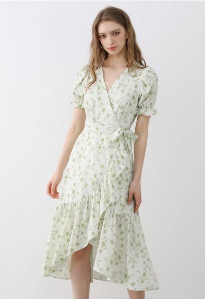 Watercolor Rose Print Wrap Midi Dress in Pistachio